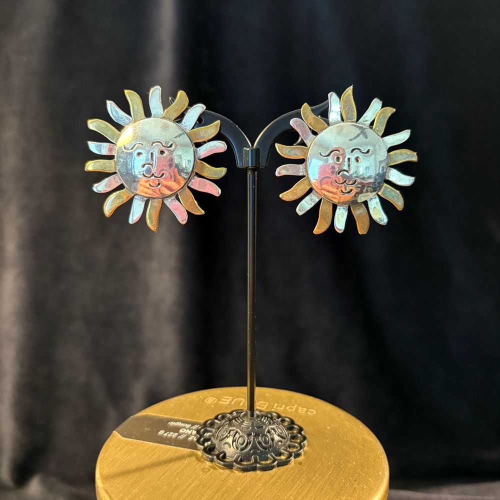 Taxco Smiling Sun Sterling and Brass Clip-on Earrings